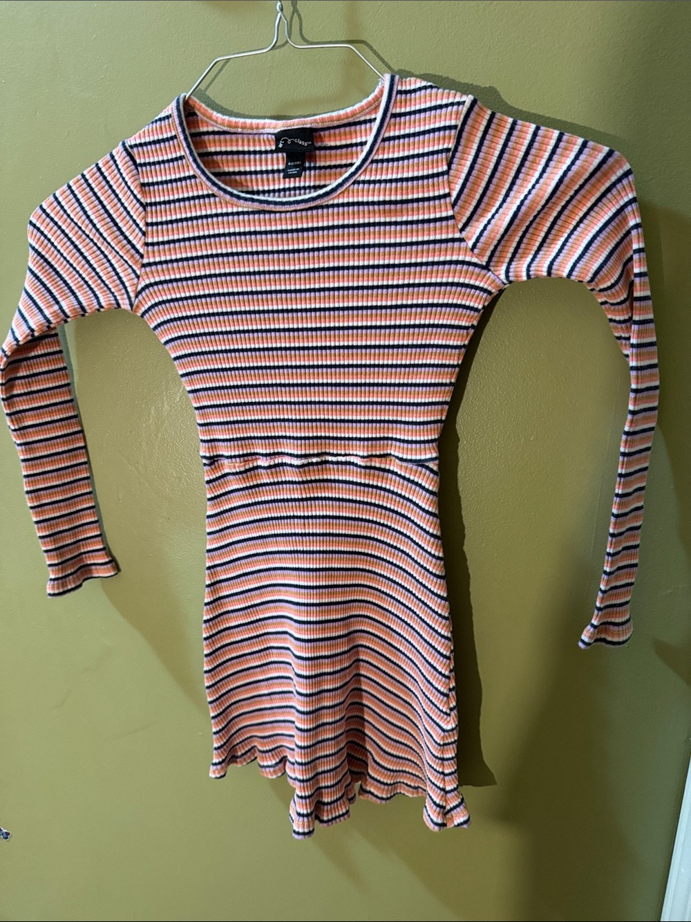 Pink Striped Ribbed Long-Sleeve Dress Top